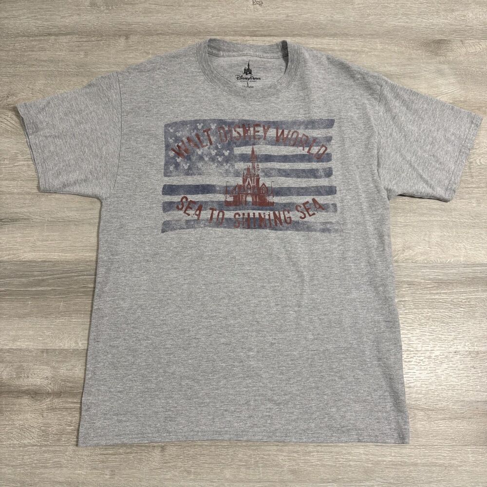 Walt Disney World Shirt Sea To Shining Sea Men’s Gray Large Patriotic Cotton Tee